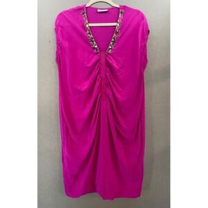 MEGAN PARK Embellished V Neck Ruched Silk‎ Blend Dress Fuchsia Size 2